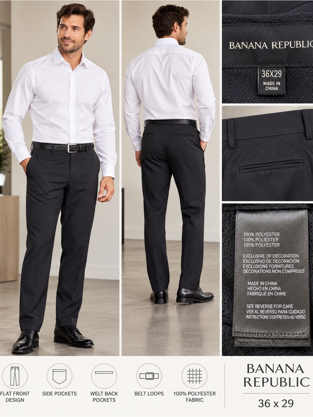 Banana Republic Men’s Black Dress Pants Straight Leg 36x29